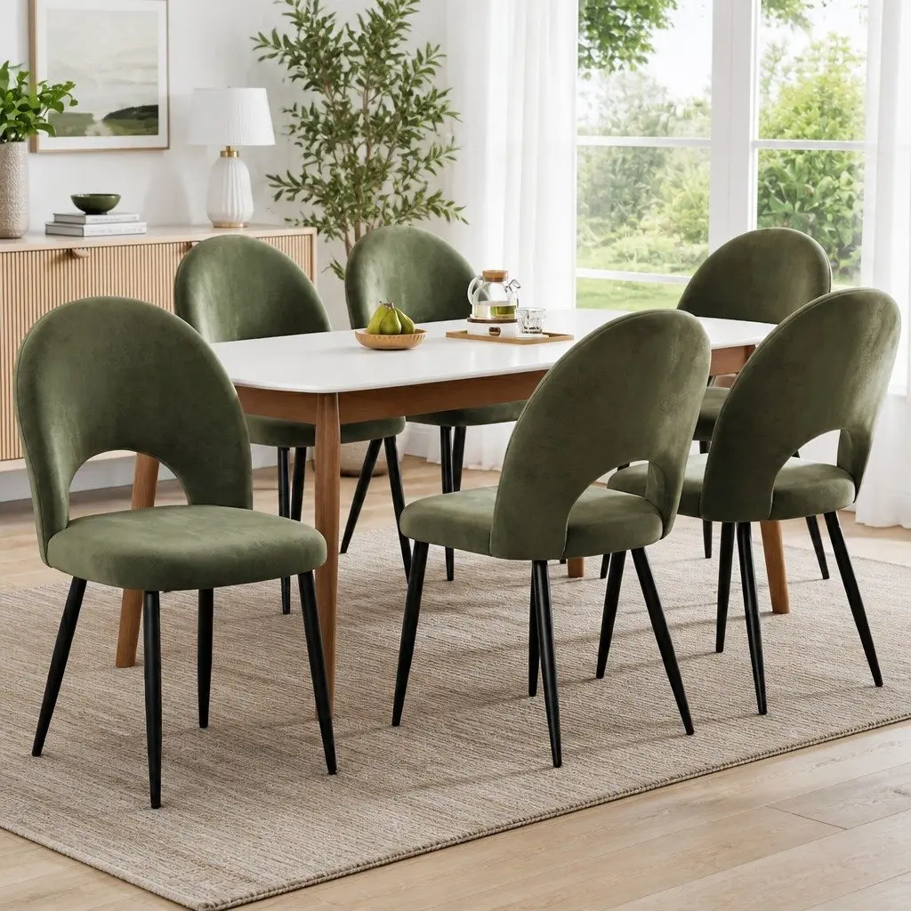Dining Chairs Set of 6 Green Velvet Padded Seat Kitchen Dining Room Furniture