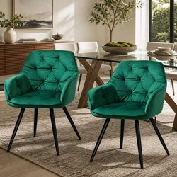 Set of 2 Green Velvet Dining Chairs with Armrests
