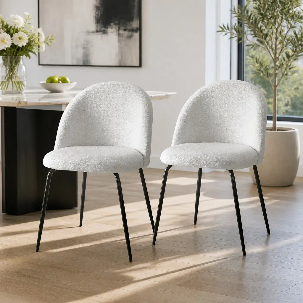 Dining Chairs Set of 2 Sherpa Boucle Upholstered Winged Backrest White