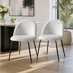 Dining Chairs Set of 2 White Sherpa Boucle Upholstered Winged Backrest Seats