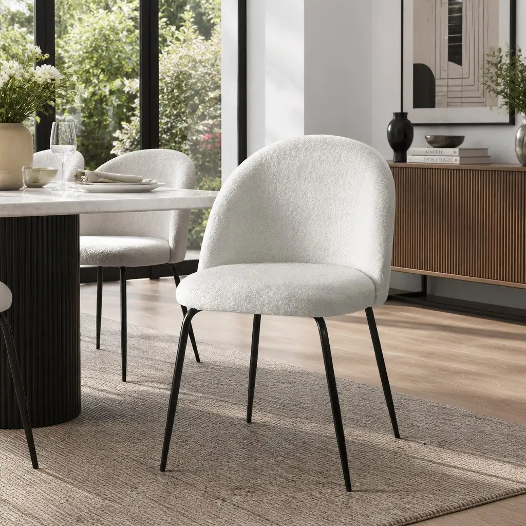 Dining Chairs Set of 2 Sherpa Boucle Upholstered Winged Backrest White