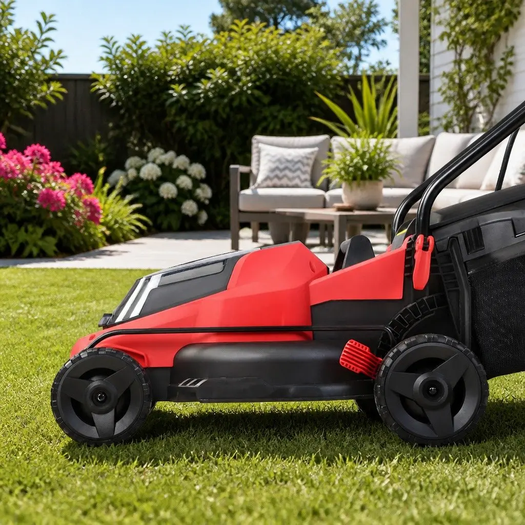 Cordless Lawn Mower Electric Lawnmower 34cm Cutting Width Lightweight Black Red
