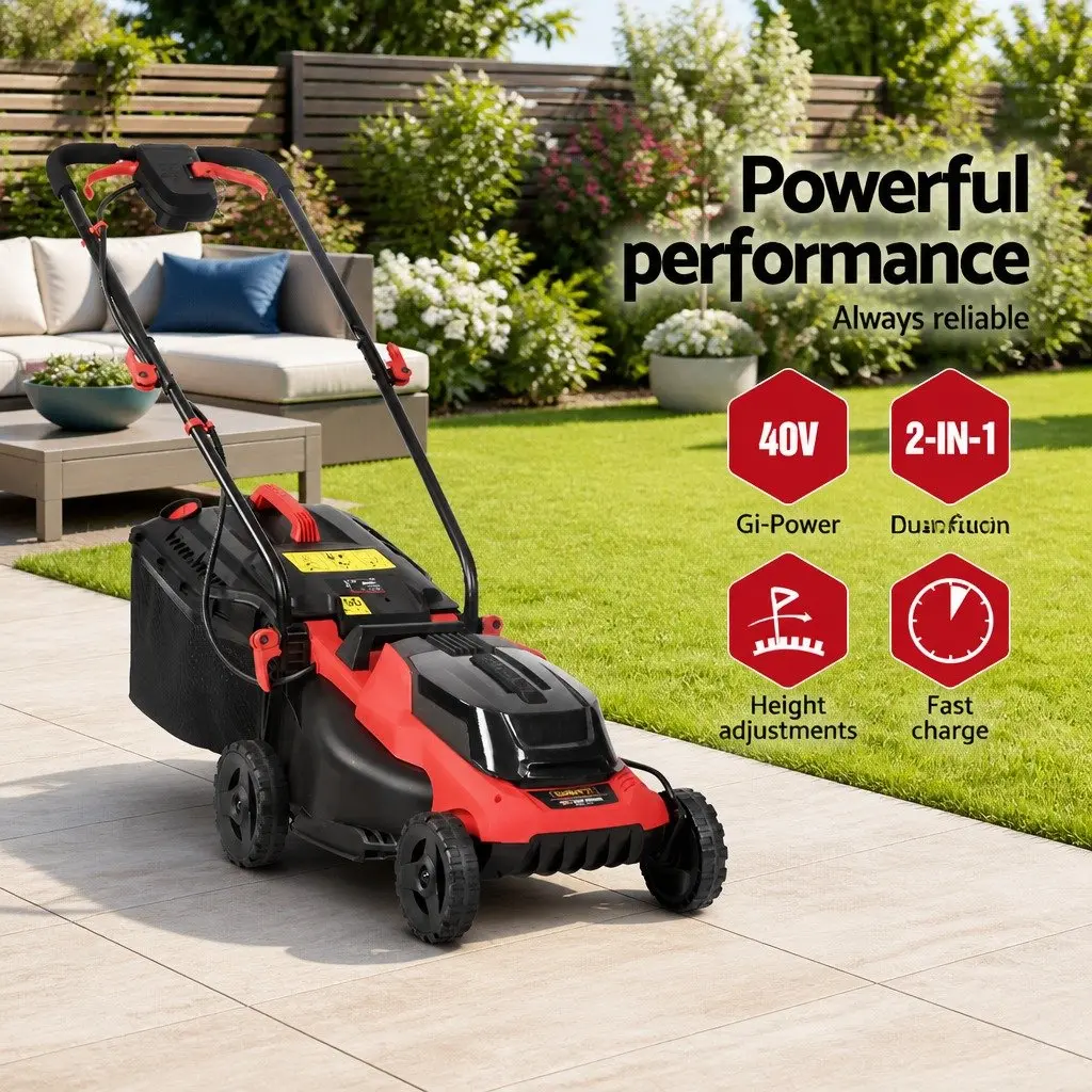 Cordless Lawn Mower Electric Lawnmower 34cm Cutting Width Lightweight Black Red