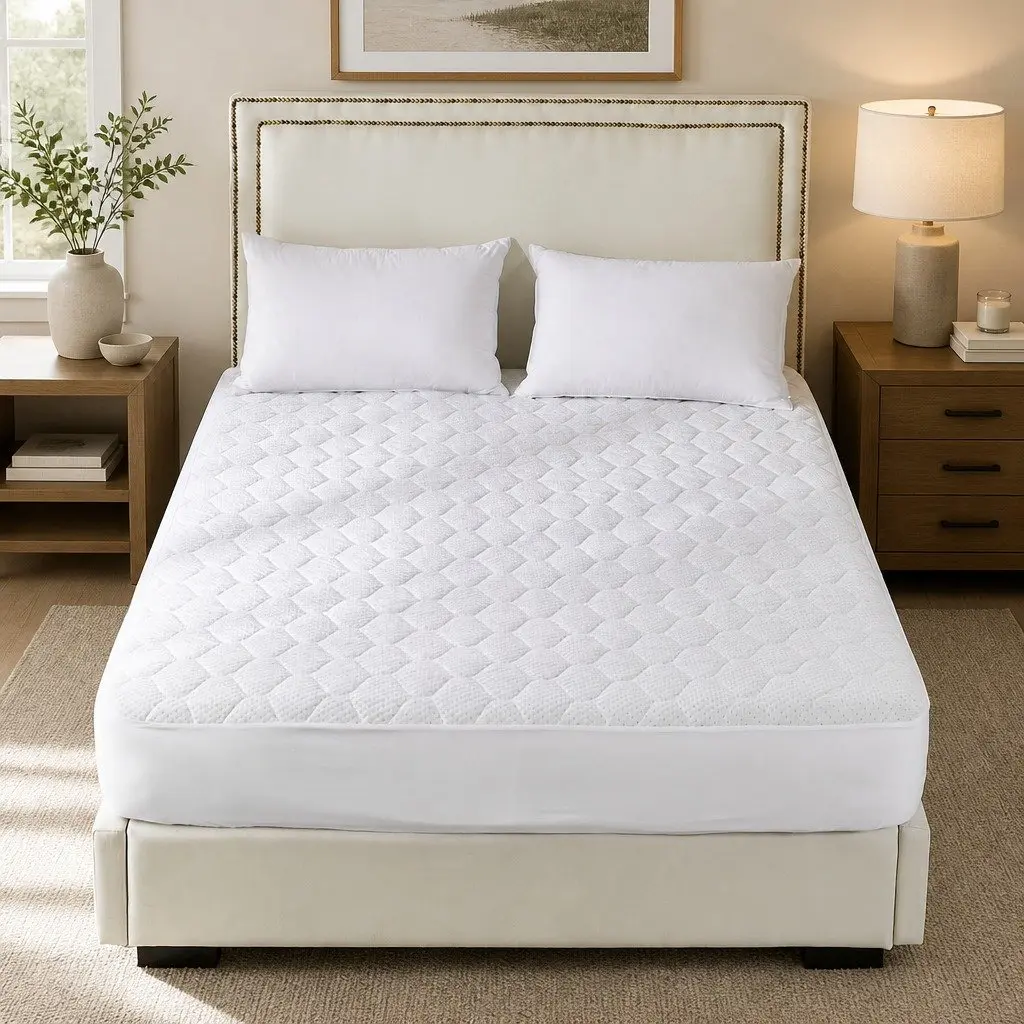 Bamboo Fibre Quilted Mattress Protector Waterproof Fitted Queen Size with Elastic White