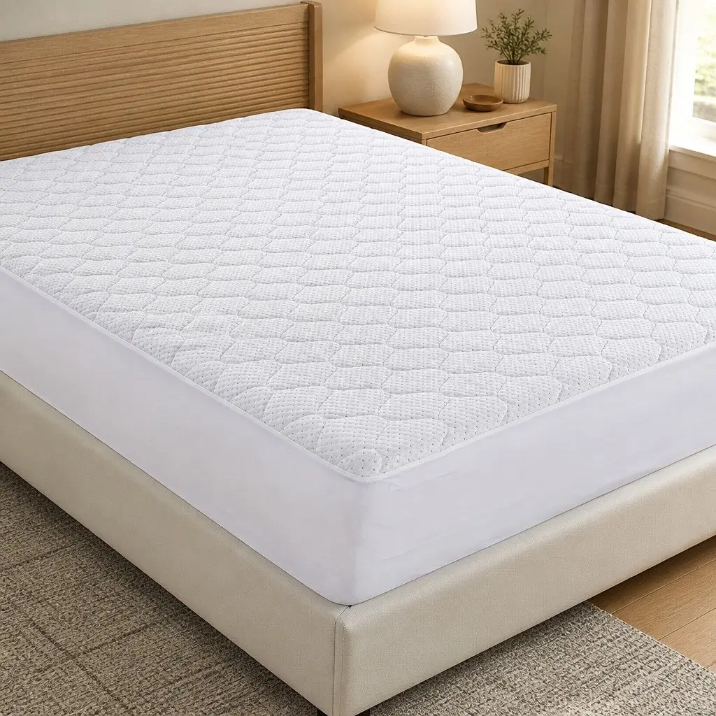 Bamboo Fibre Quilted Mattress Protector Waterproof Fitted Queen Size with Elastic White
