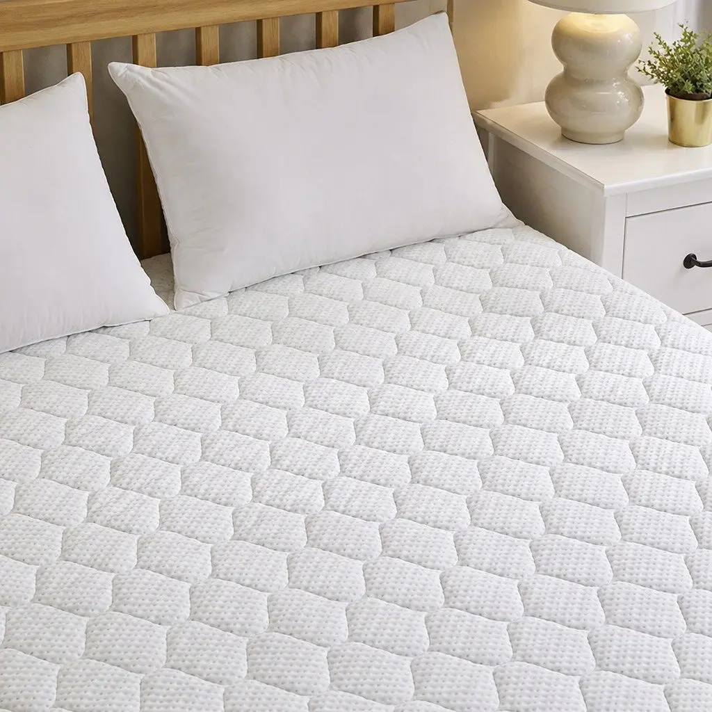Bamboo Fibre Quilted Mattress Protector Waterproof Fitted Queen Size with Elastic White
