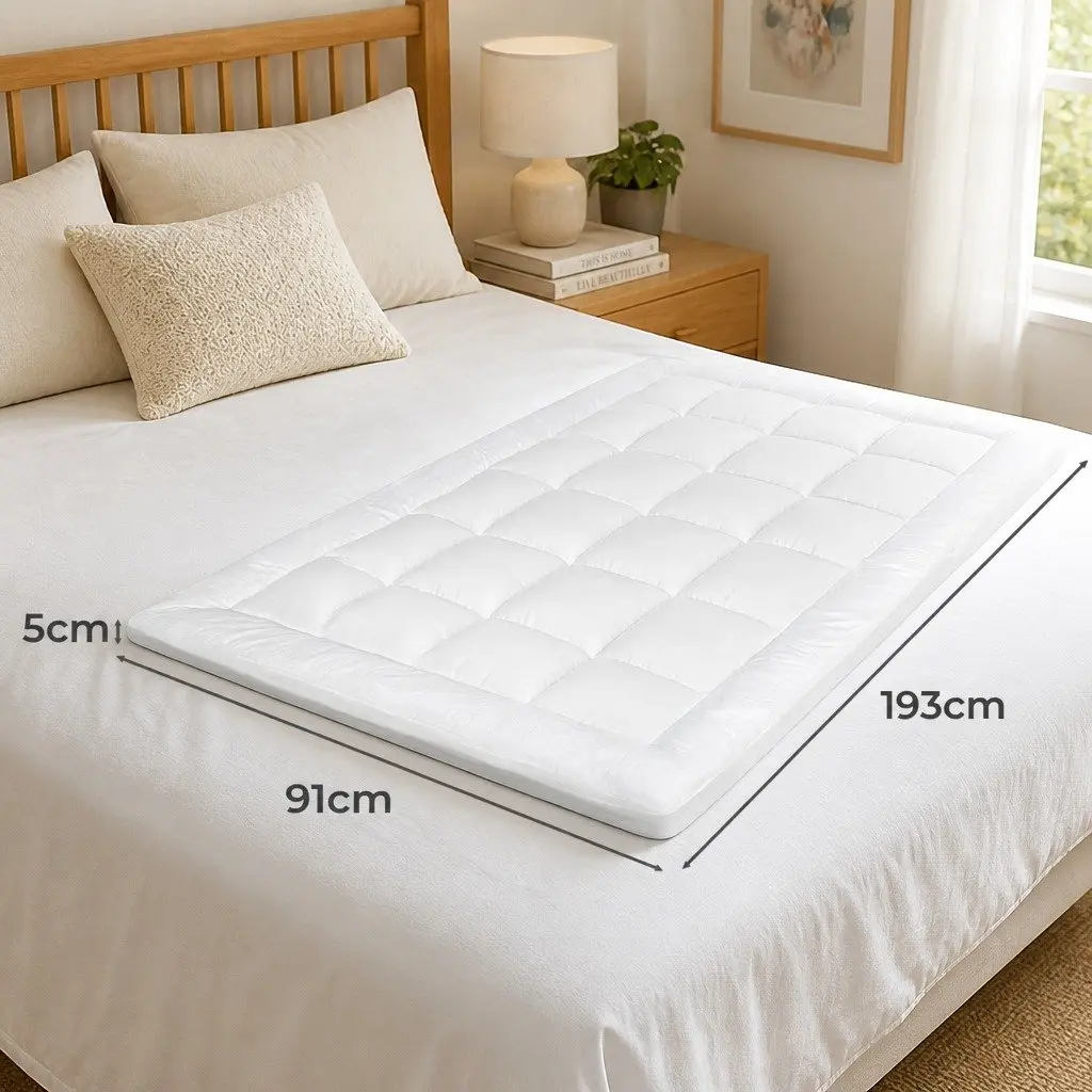 5cm Extra Thick Pillowtop Single Mattress Topper Fitted Skirt White