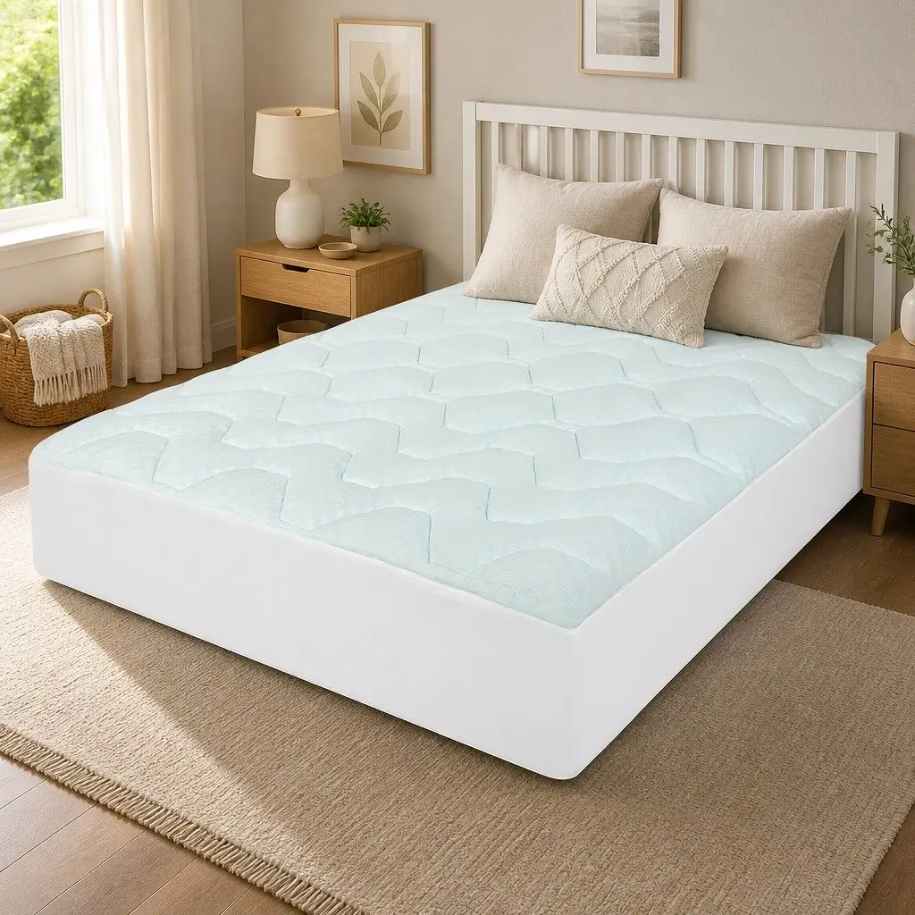 Queen Mattress Topper Memory Foam Egg-Crate Bamboo Cover 3cm Thick White and Blue