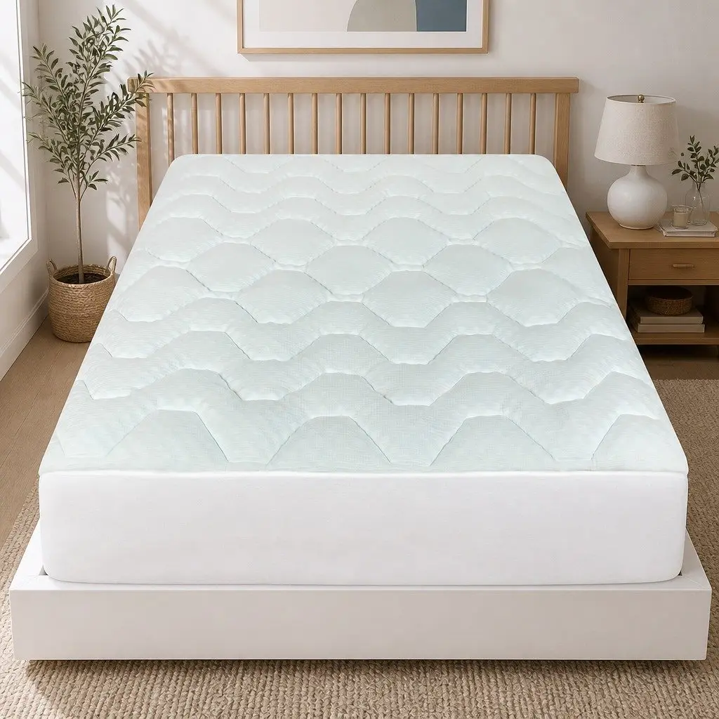 Single Mattress Topper Memory Foam Pillowtop Protector Breathable Bamboo 91cm x 190cm White and Blue