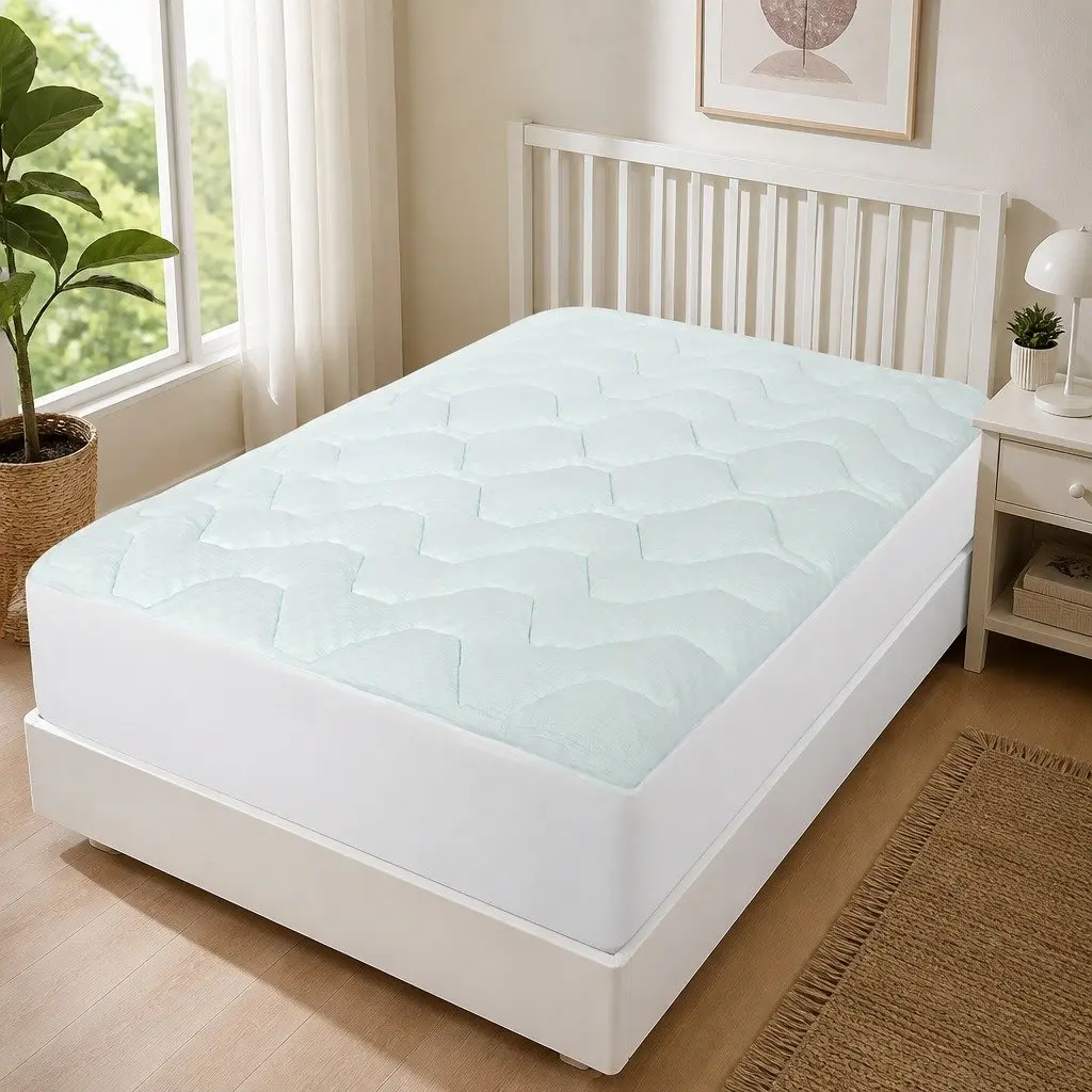 Single Mattress Topper Memory Foam Pillowtop Protector Breathable Bamboo 91cm x 190cm White and Blue