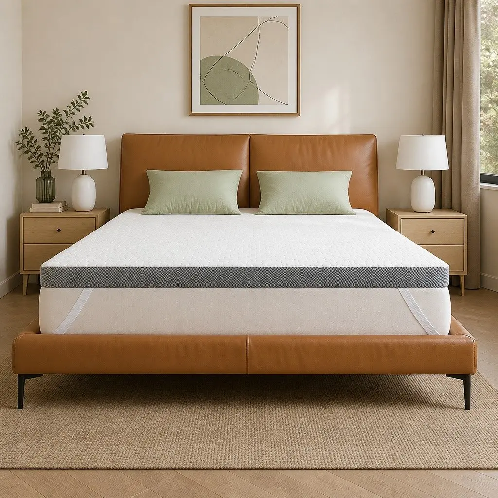 Memory Foam Mattress Topper Dual Layer Queen Size All Season White and Grey