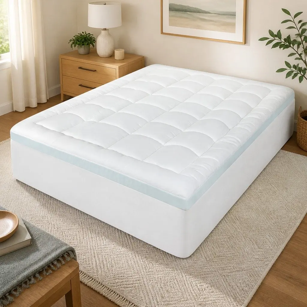 Gel Memory Foam Mattress Topper Pressure Relief 8cm Double Size White and Blue