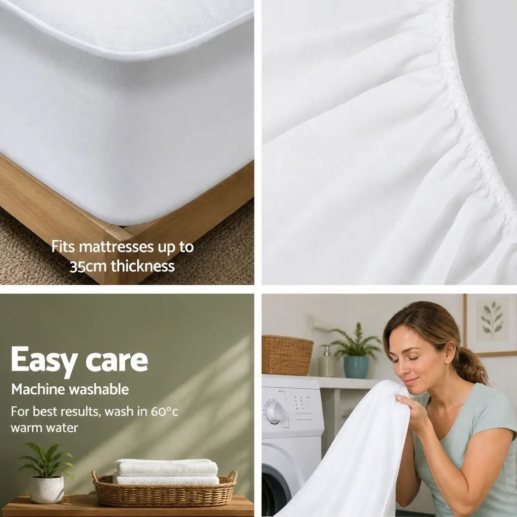 Mattress Protector Waterproof King Size Bamboo Fabric Dust Mite Bacteria White