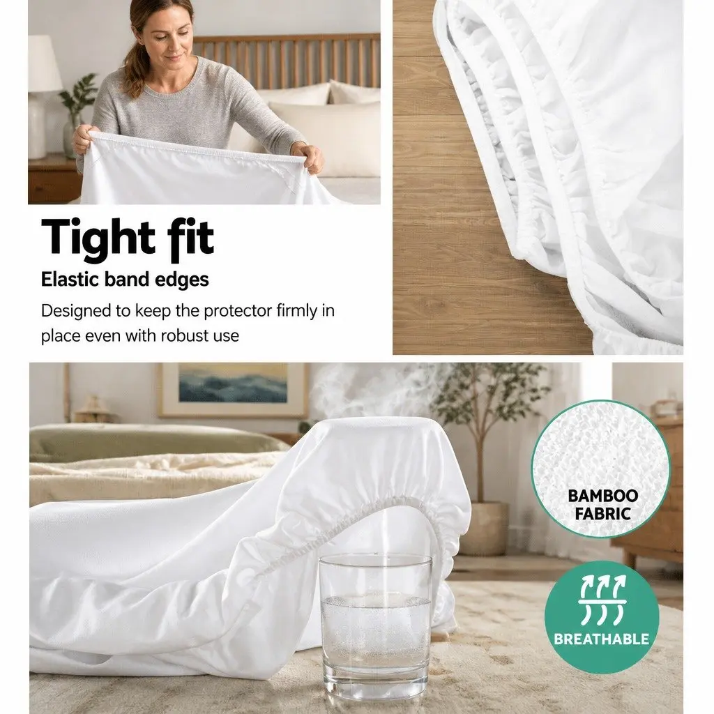 Mattress Protector Waterproof King Size Bamboo Fabric Dust Mite Bacteria White