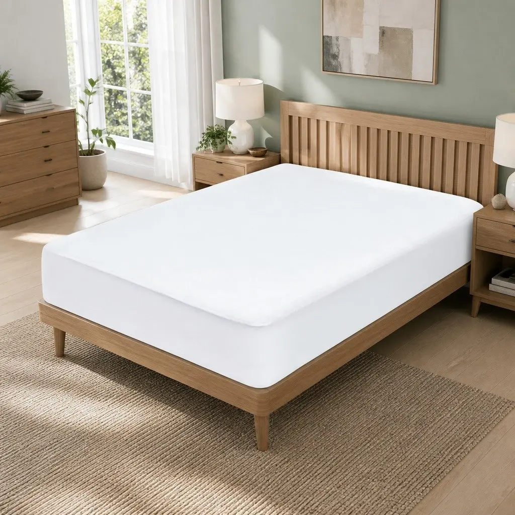 King Single Mattress Protector Water-Resistant Bamboo Fabric White