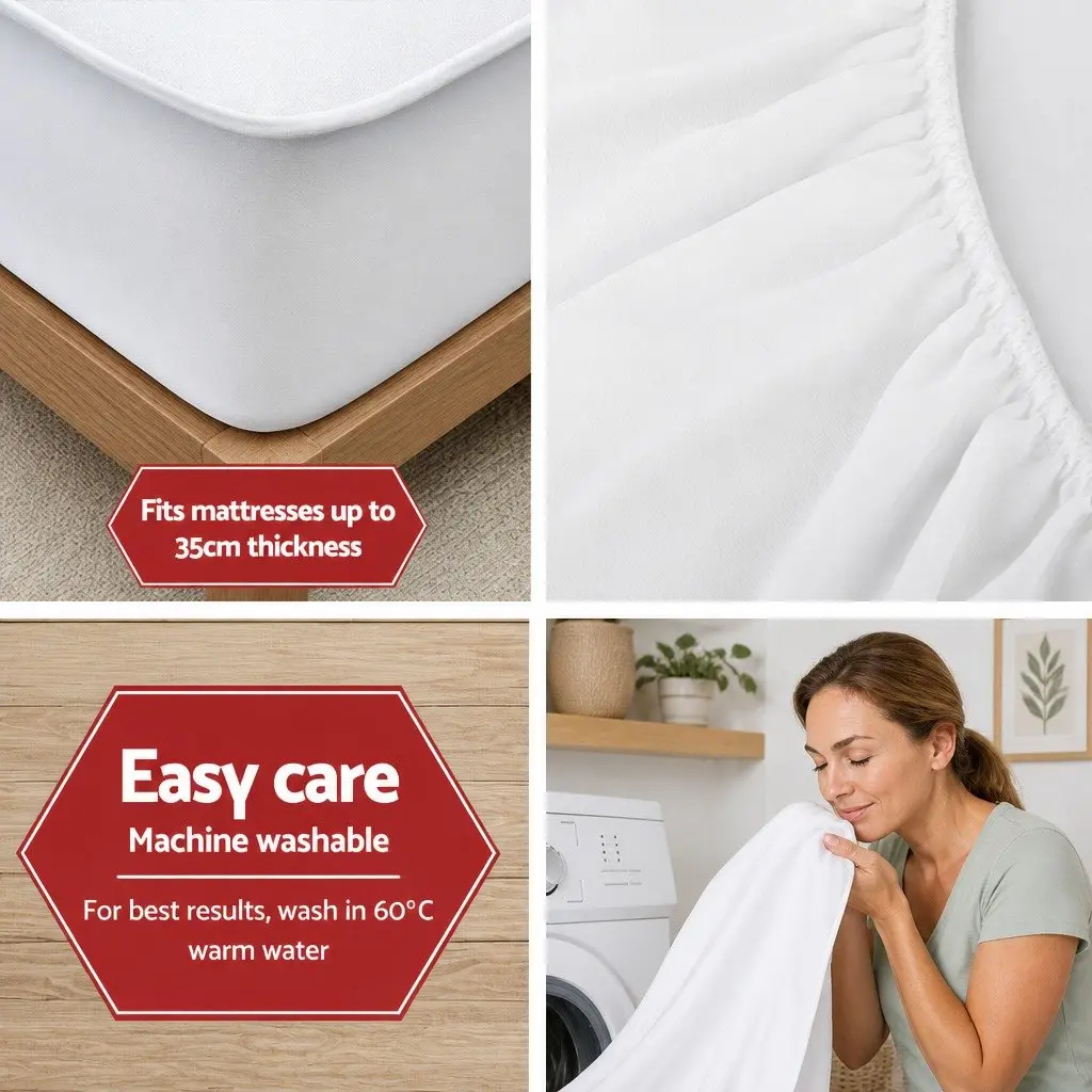 King Single Mattress Protector Water-Resistant Bamboo Fabric White