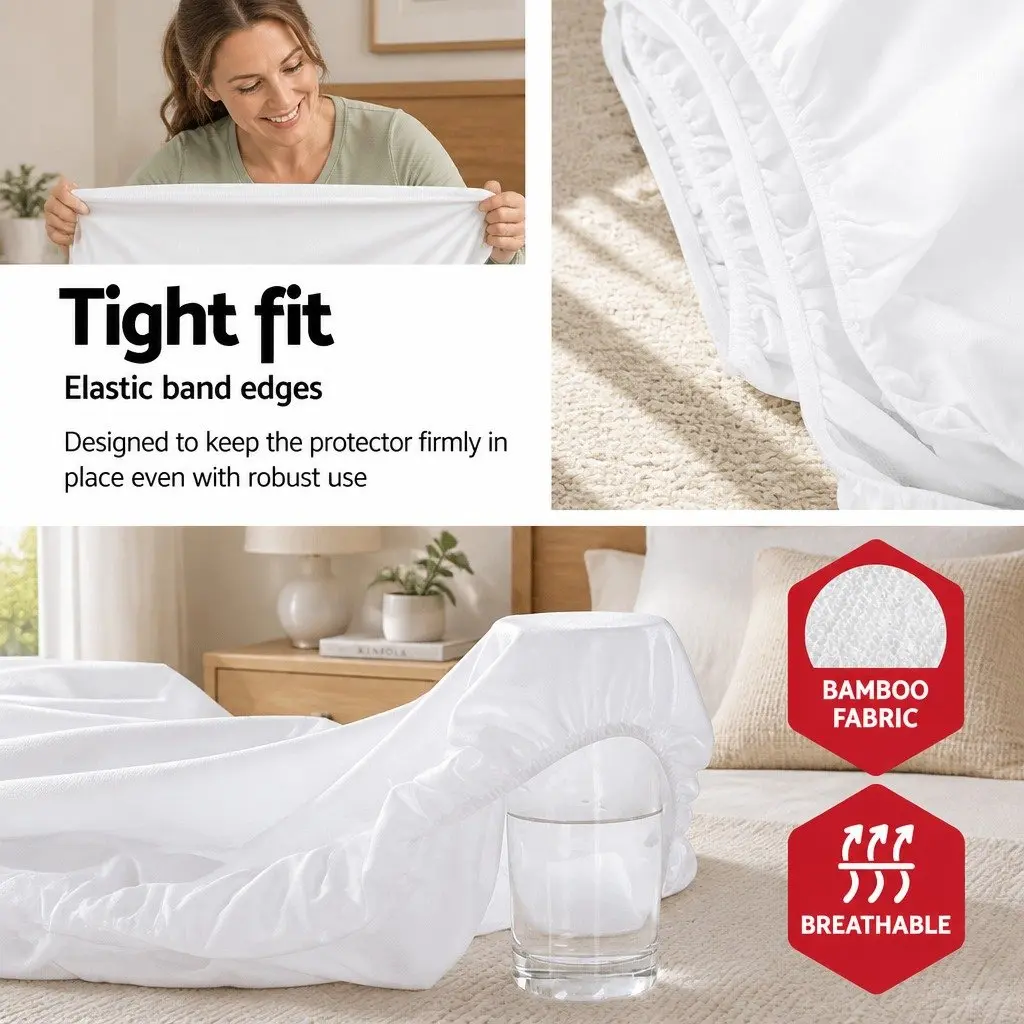 King Single Mattress Protector Water-Resistant Bamboo Fabric White