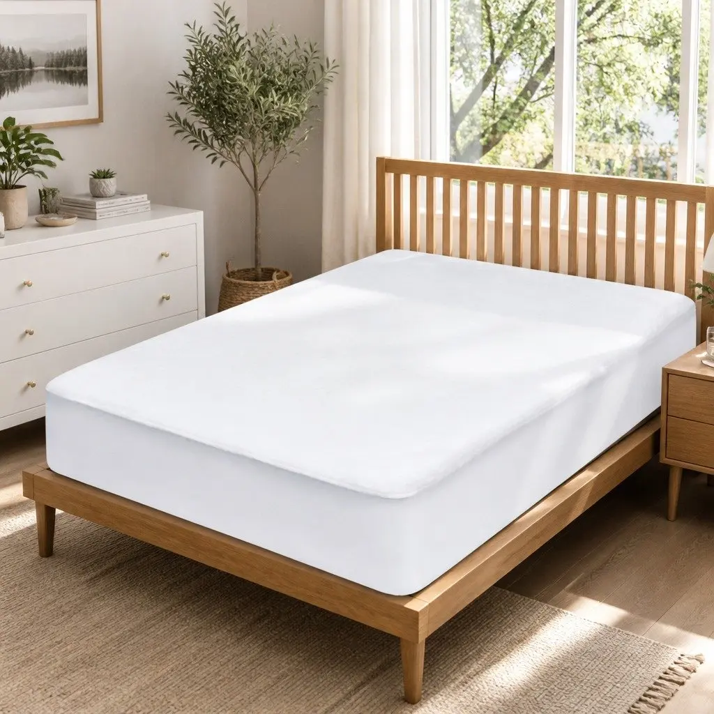 Single Mattress Protector Waterproof Bamboo Fabric Fitted Deep White