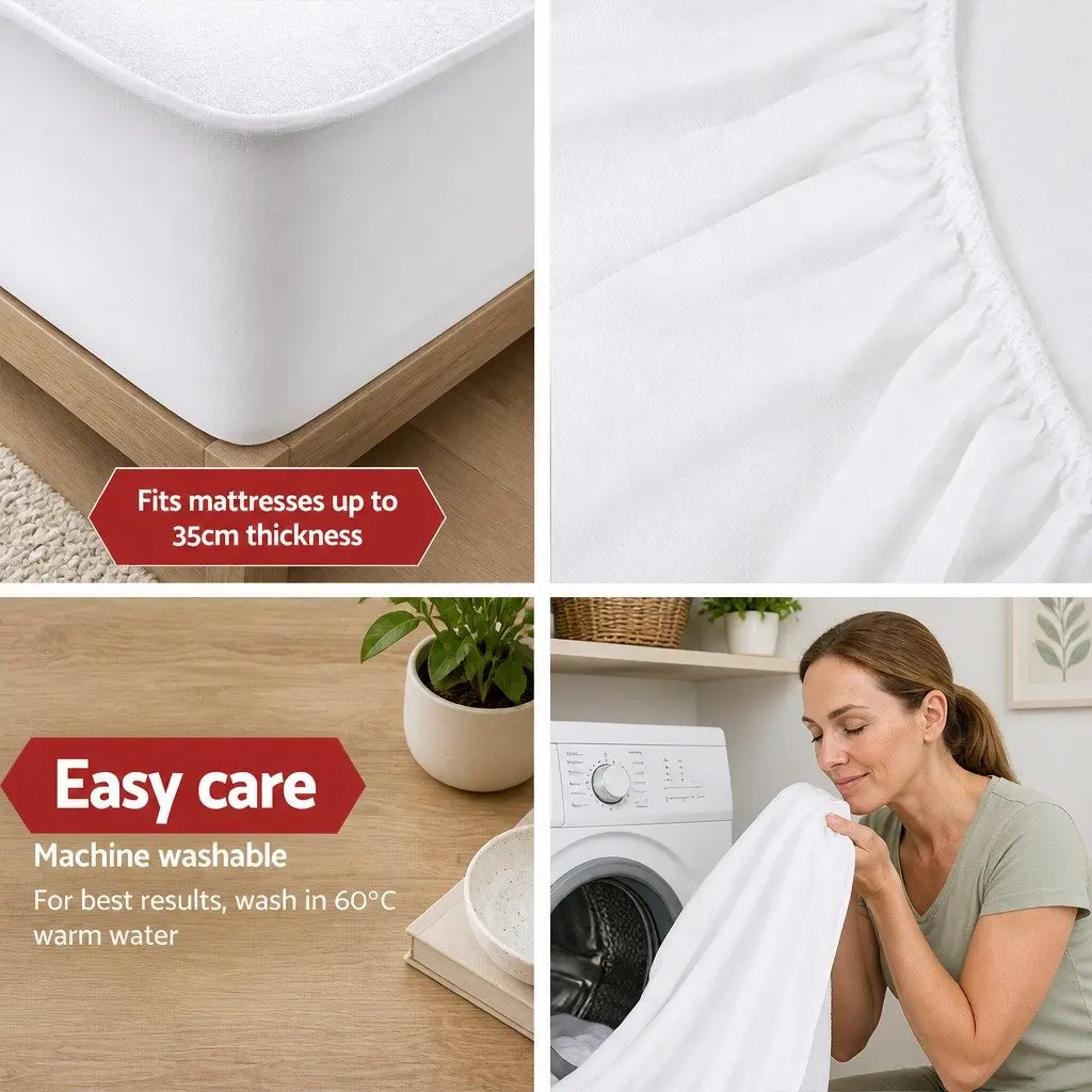 Single Mattress Protector Waterproof Bamboo Fabric Fitted Deep White