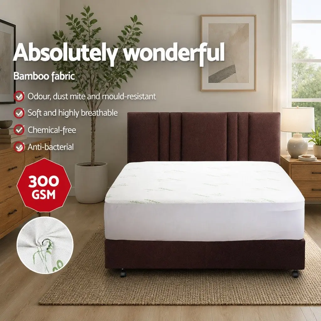 Queen Mattress Protector Water-Resistant Bamboo Fabric Fitted Bed Cover White