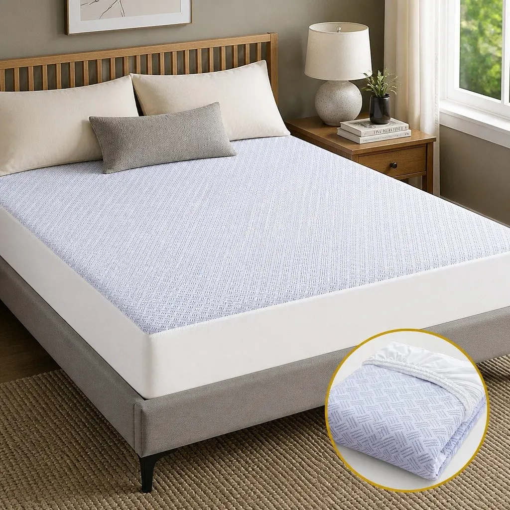 Cooling Mattress Protector Waterproof Deep Pocket Fitted Cover Double Size Blue