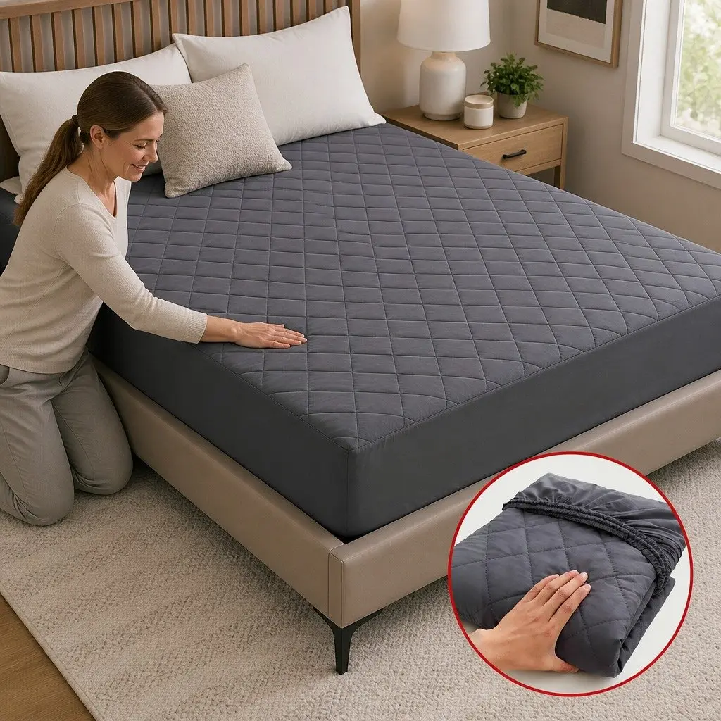 Mattress Protector Water-Resistant Microfiber 360° Fitted Skirt Grey Queen Size