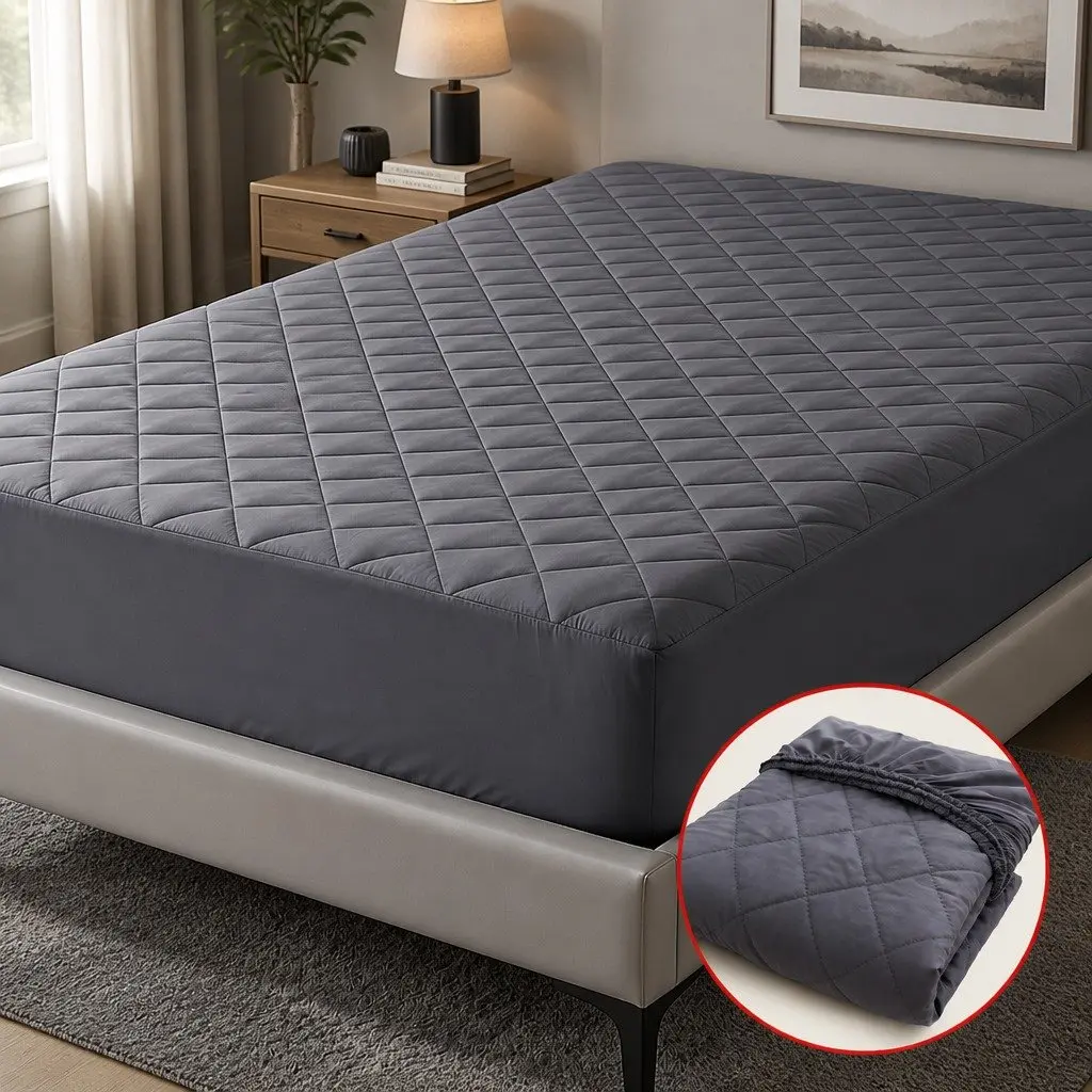 Single Mattress Protector Water-Resistant Deep Pocket 35cm Fitted Elastic Skirt Grey