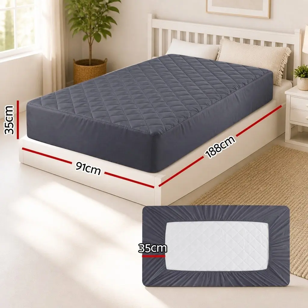 Single Mattress Protector Water-Resistant Deep Pocket 35cm Fitted Elastic Skirt Grey