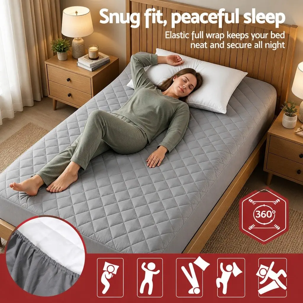 Single Mattress Protector Water-Resistant Deep Pocket 35cm Fitted Elastic Skirt Grey