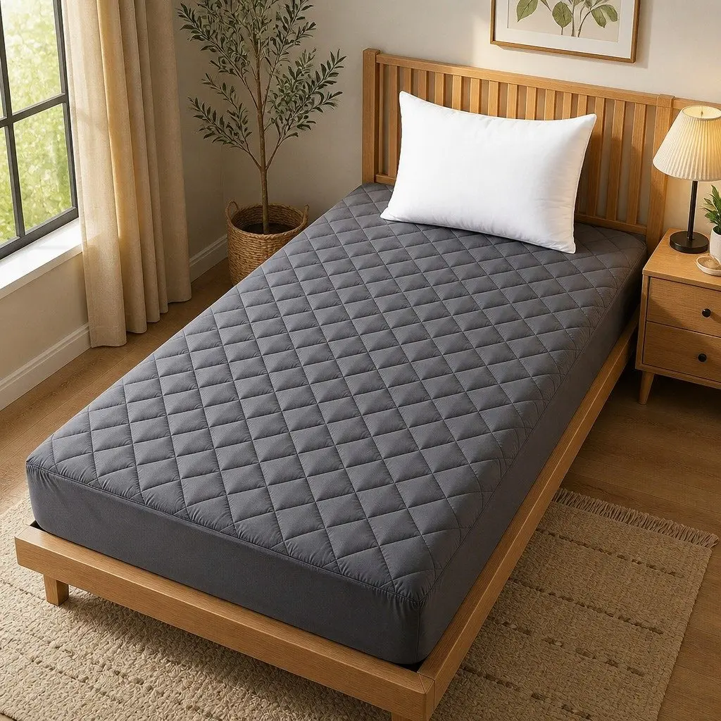 Single Mattress Protector Water-Resistant Deep Pocket 35cm Fitted Elastic Skirt Grey
