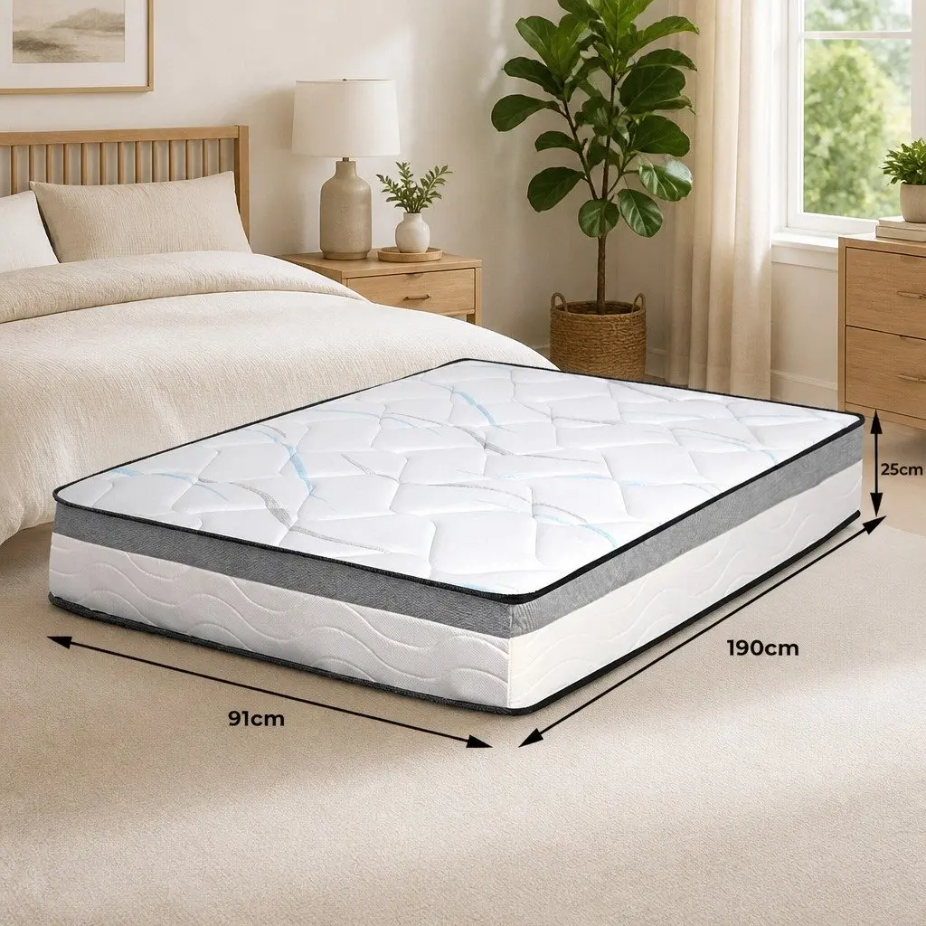Single Spring Mattress Pocket Coil 25cm Thick Medium Firm Support White