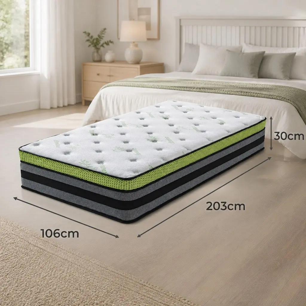 Pocket Spring Mattress Medium-Firm Support King Single 7-Zone Cool Gel Infused Bamboo Fibre White Grey Green