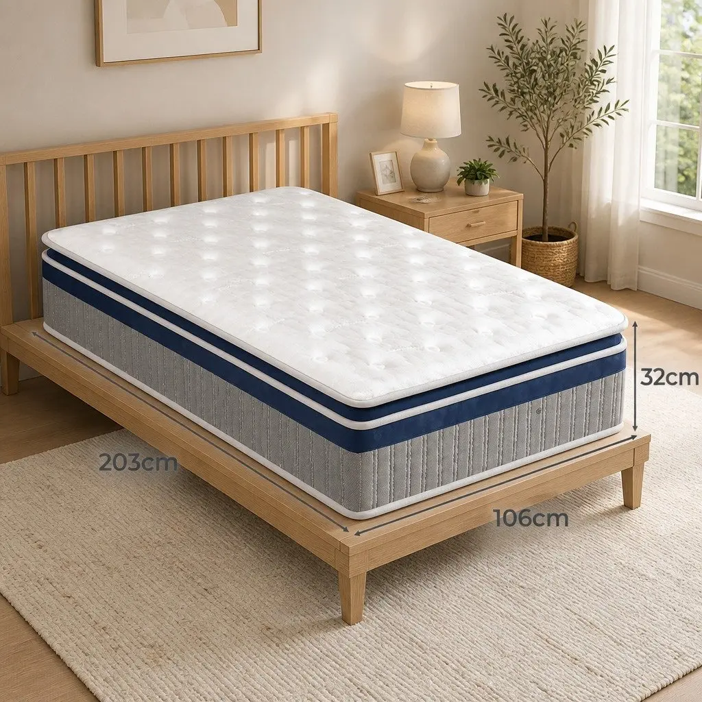 King Single Spring Mattress Pillow Top 32cm White Pocket Coil Bed Support System