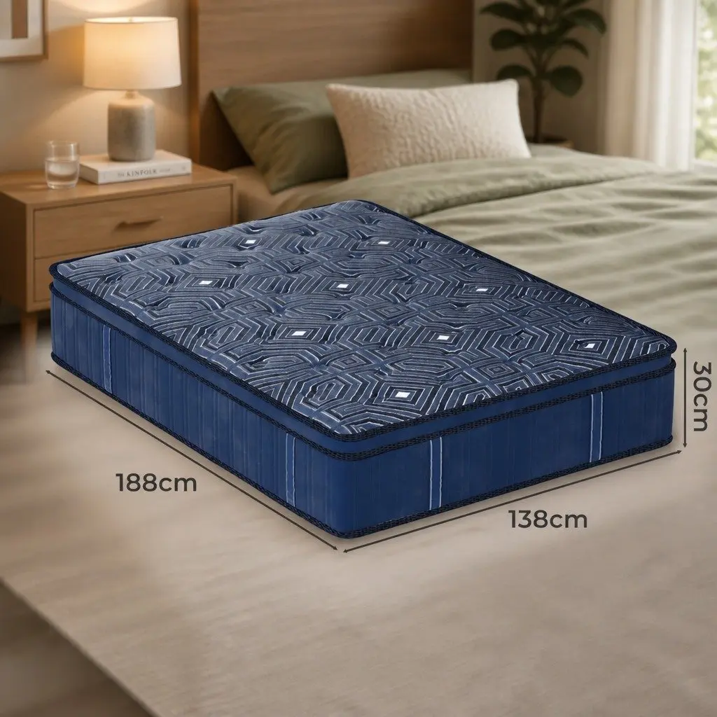 Euro Top Double Mattress 30cm Blue with 7 Zone Pocket Spring System and High Density Foam for Support and Comfort