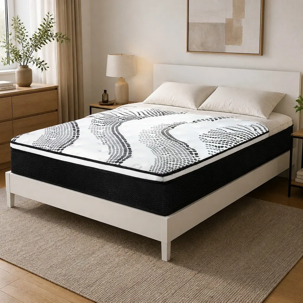 Pocket Spring Mattress King Medium Firm 7 Zone Hybrid Foam Support White and Black