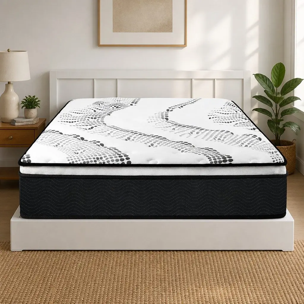 Pocket Spring Mattress King Medium Firm 7 Zone Hybrid Foam Support White and Black