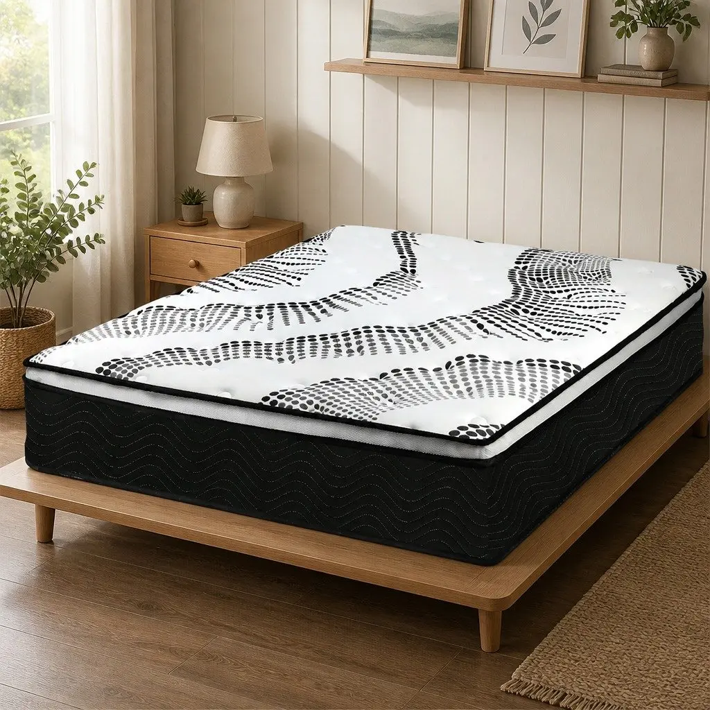 Pocket Spring Mattress King Medium Firm 7 Zone Hybrid Foam Support White and Black