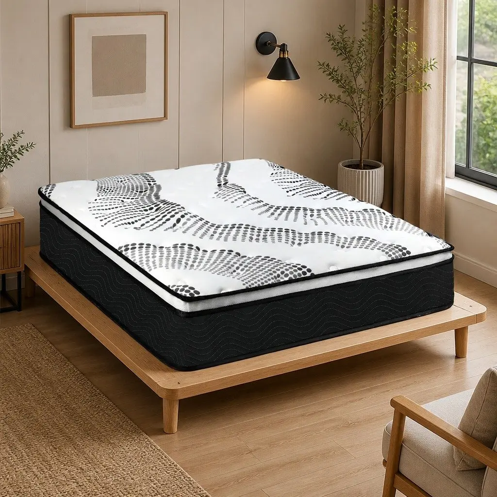 Pocket Spring Mattress King Medium Firm 7 Zone Hybrid Foam Support White and Black