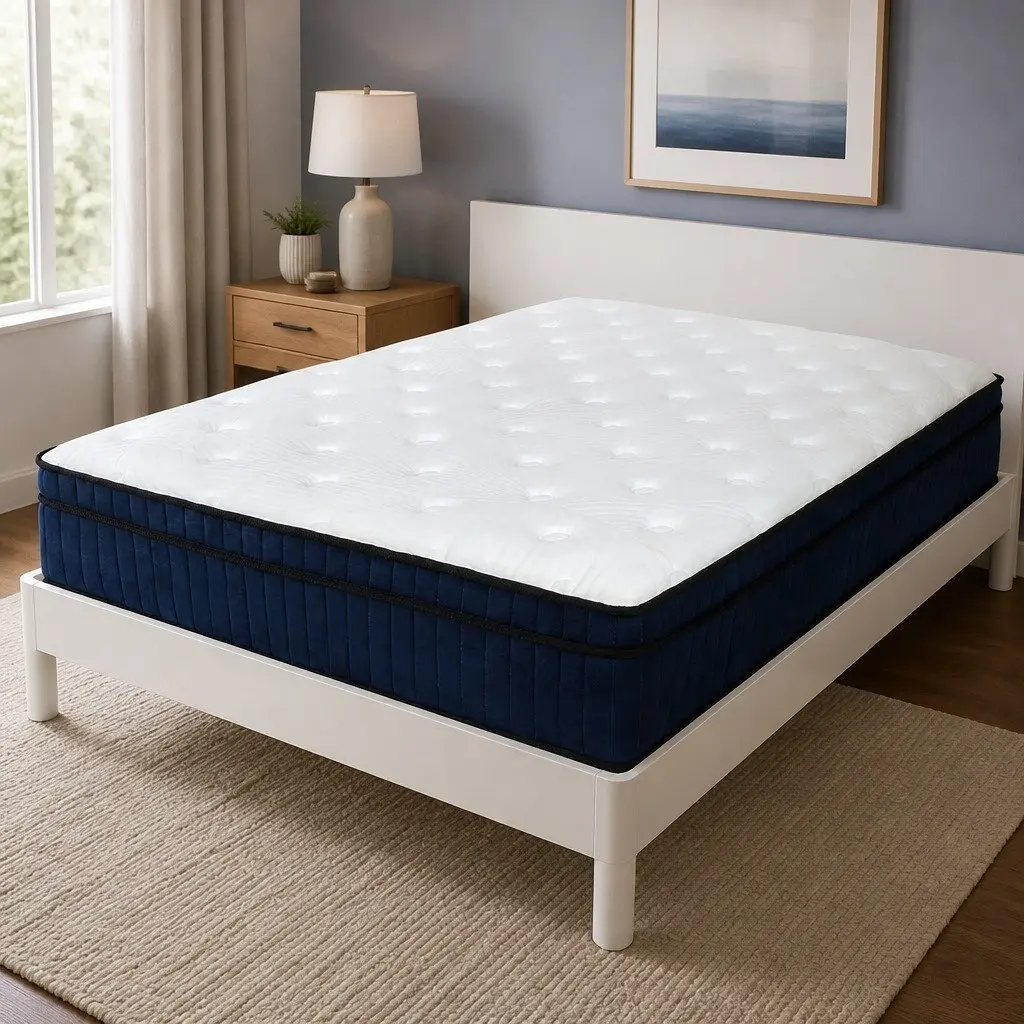 Double Mattress Medium Firm Hybrid Foam 7 Zone Pocket Spring Support White and Blue