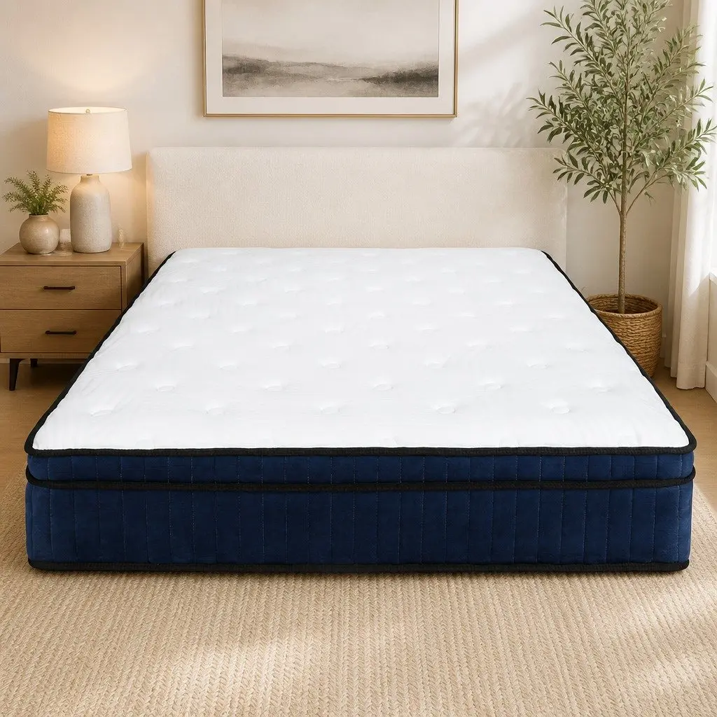 Double Mattress Medium Firm Hybrid Foam 7 Zone Pocket Spring Support White and Blue