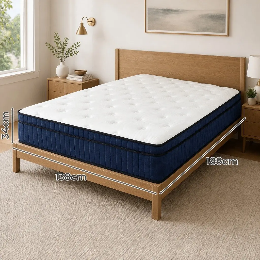 Double Mattress Medium Firm Hybrid Foam 7 Zone Pocket Spring Support White and Blue