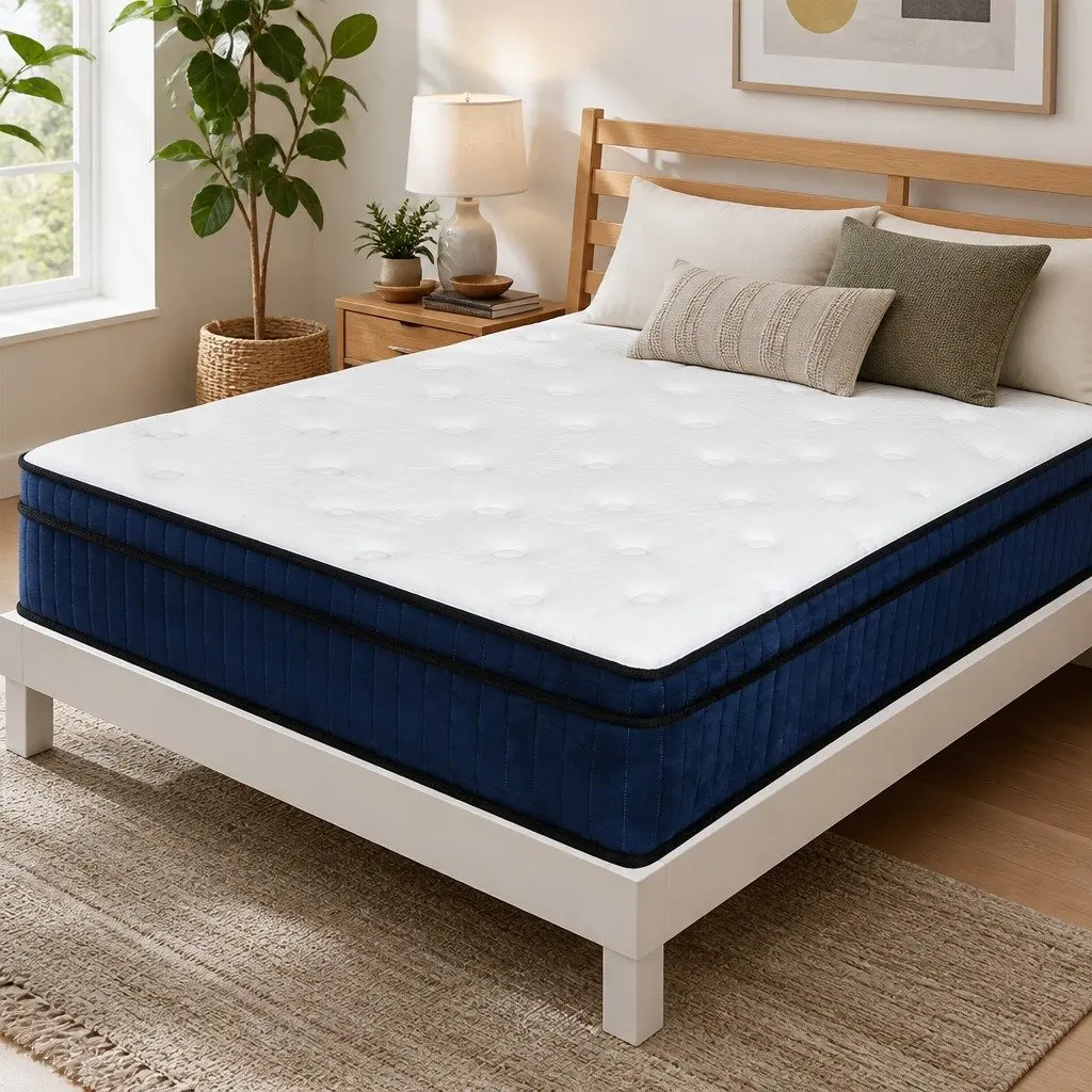 Double Mattress Medium Firm Hybrid Foam 7 Zone Pocket Spring Support White and Blue