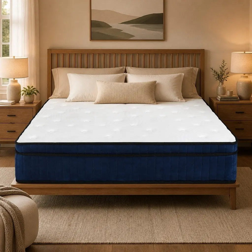 Double Mattress Medium Firm Hybrid Foam 7 Zone Pocket Spring Support White and Blue