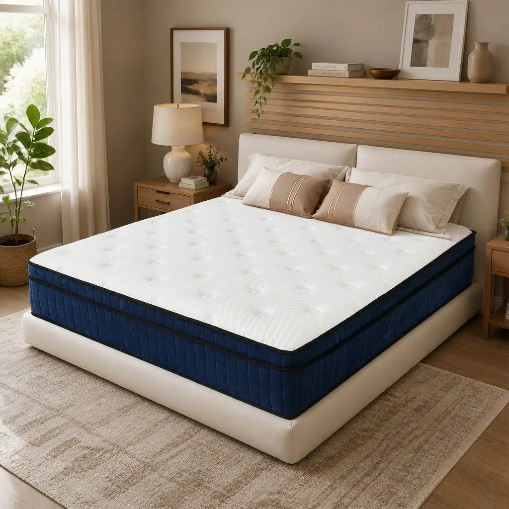 Double Mattress Medium Firm Hybrid Foam 7 Zone Pocket Spring Support White and Blue