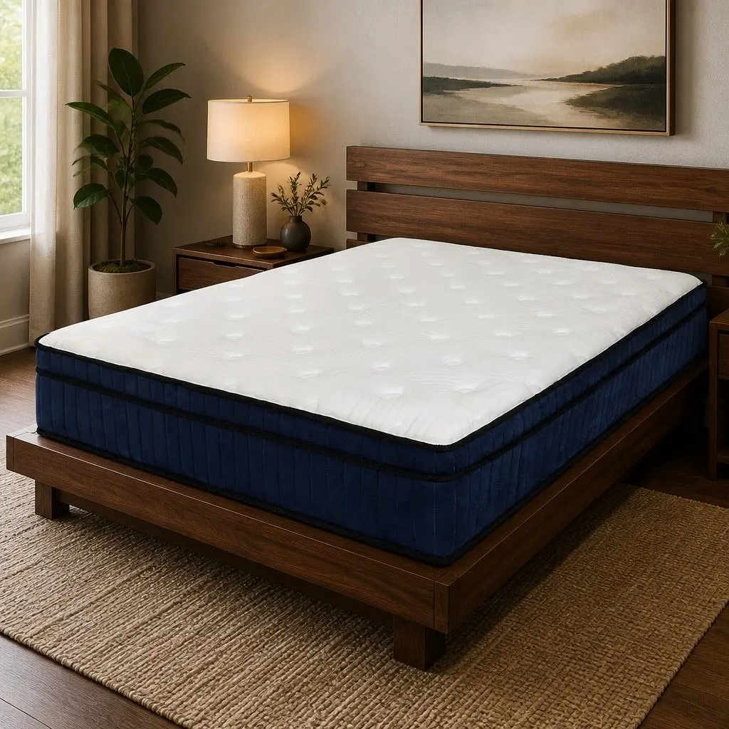 Double Mattress Medium Firm Hybrid Foam 7 Zone Pocket Spring Support White and Blue