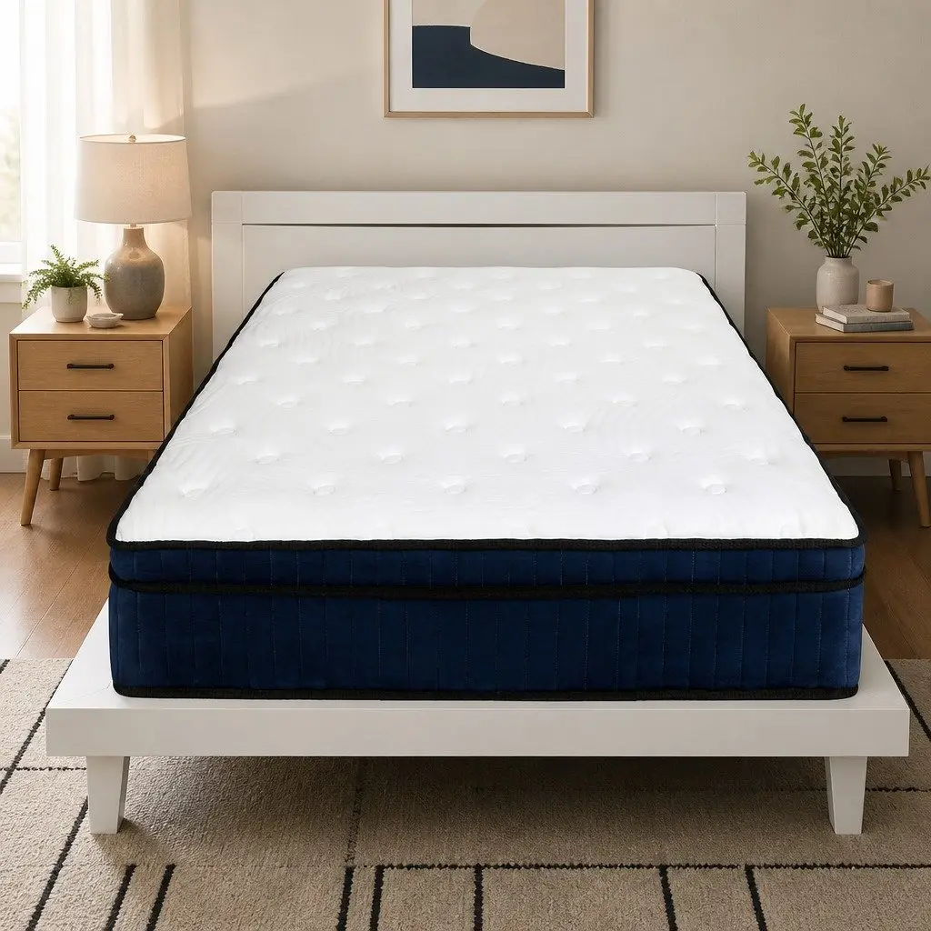 King Single Mattress Orthopedic Support 34cm 7 Zone Pocket Spring Hybrid Foam White Blue