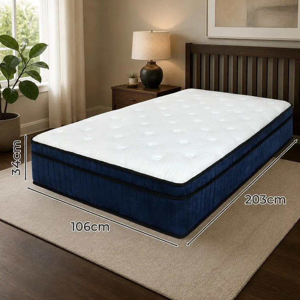 King Single Mattress Orthopedic Support 34cm 7 Zone Pocket Spring Hybrid Foam White Blue