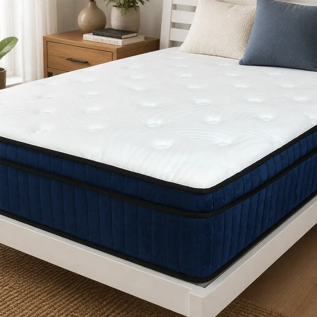 King Single Mattress Orthopedic Support 34cm 7 Zone Pocket Spring Hybrid Foam White Blue