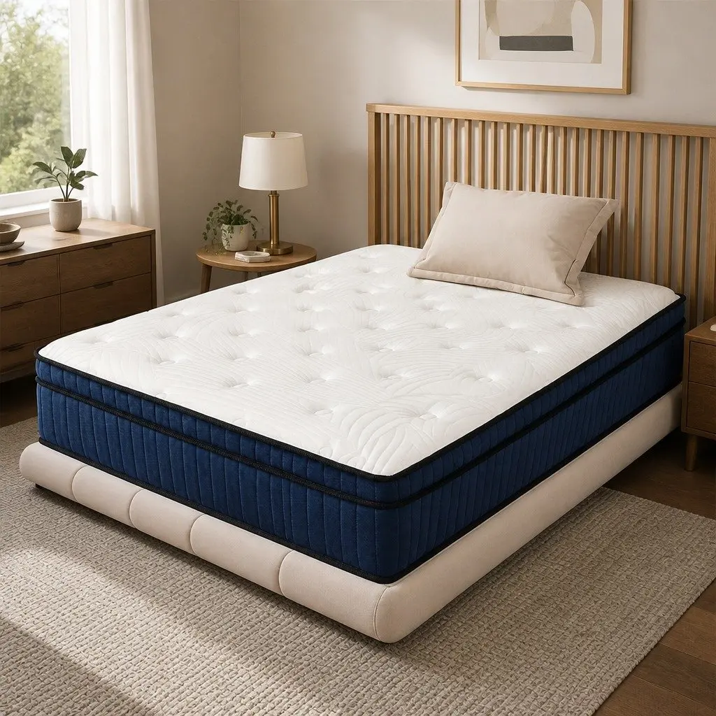 King Single Mattress Orthopedic Support 34cm 7 Zone Pocket Spring Hybrid Foam White Blue