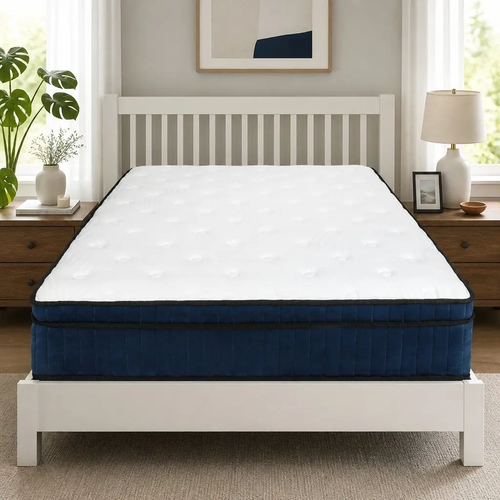 Queen Size Mattress 7 Zone Pocket Spring Medium Firm Hybrid Foam Support 34cm White Blue